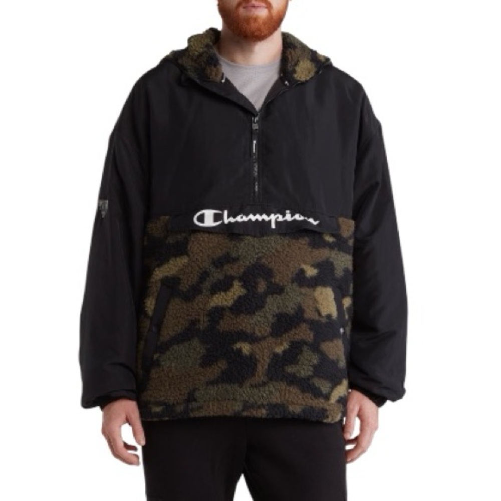 Champion Cozy High-Pile Fleece / Nylon Anorak 1/2 Zip Pullover hooded jacket L